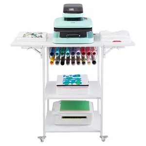VEVOR 3-Tier Movable Heat Press Table Stand with Organiser Racks, Foldable Rolling Metal Workbench with Wheels and Vinyl Roll Holder, for Sublimation Transfer Machine, White