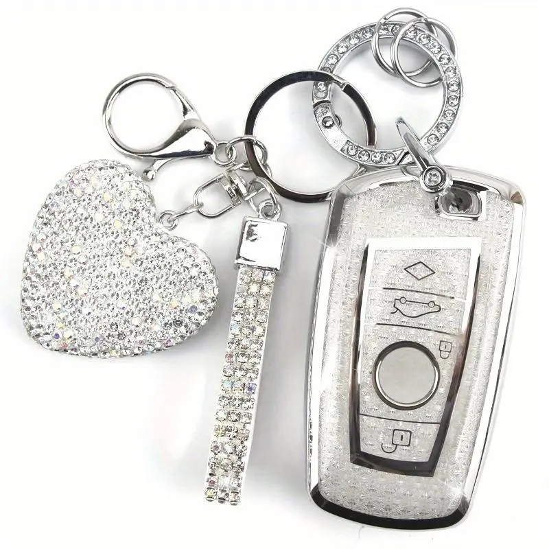 Key cover with rhinestone keychain, car key holder, compatible with BMW X1 X3 X4 X5 X6 1 2 4 5 6 7 M3 M5 M6 GT3 GT5 G30 F10 F15 F16 F20 women's protector, 3 buttons (silver heart shape), Includes Chain, Key Protection