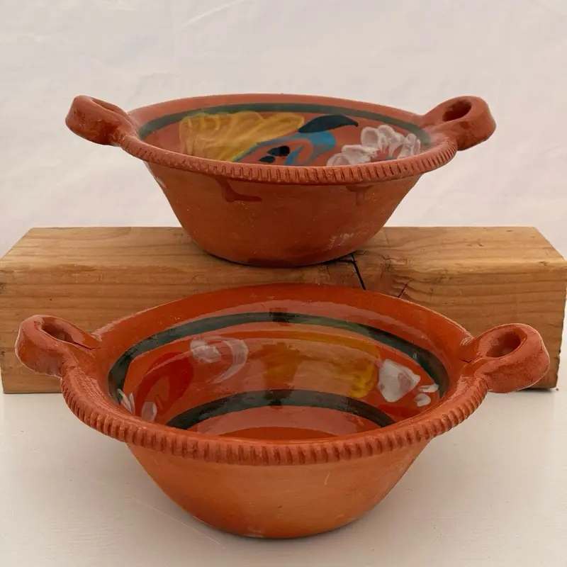 Vintage Clay Bowl - 2pc Mexican cazuela pozolera 500ml Lead Free - Handcrafted Barro Pottery with Unique Design