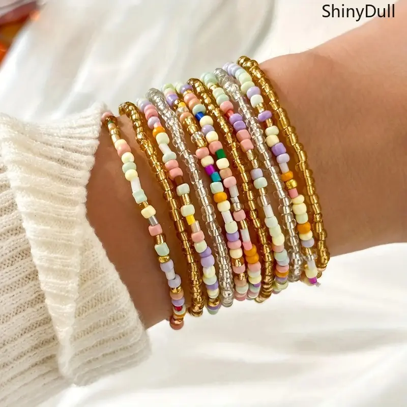 11pcs Unisex Bohemian Stacking Bangles Set - Multi-Color Glass Bead Bracelets, Daily Wear & Bag Accessory, Sports & Outdoor Wristband