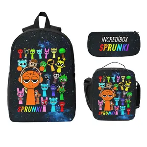 Sprunki Incredibox 3-PCS Backpack Set Rhythm Box Lunch Bags Pencil Case Elementary Daypacks Rucksack Daily Backpacks Gifts Laptop Bookbag Unisex