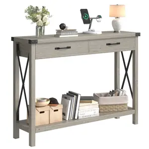 Console Table with 2 Drawers, 2 Tier Farmhouse Entryway Table with Storage Shelf, Wood Sofa Table for Living Room, Entryway, Hallway, Kichen, Foyer-Grey