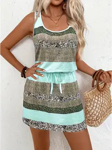 Plus Size U-Neck Sleeveless Color Block Striped Short Mini Dress, Drawstring Waist, Loose Curvy Friendly Casual Wear Vacation Dress, Boho Summer Dresses