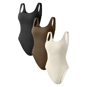 OQQ-Nine cents【3 iin 1 Set】Ribbed Knit Square Neck Bodysuit 3-Piece Set, Slim-Fitting Sleeveless Base Layer, Minimalist Versatile Sexy Skinny Bodysuits Black Basic