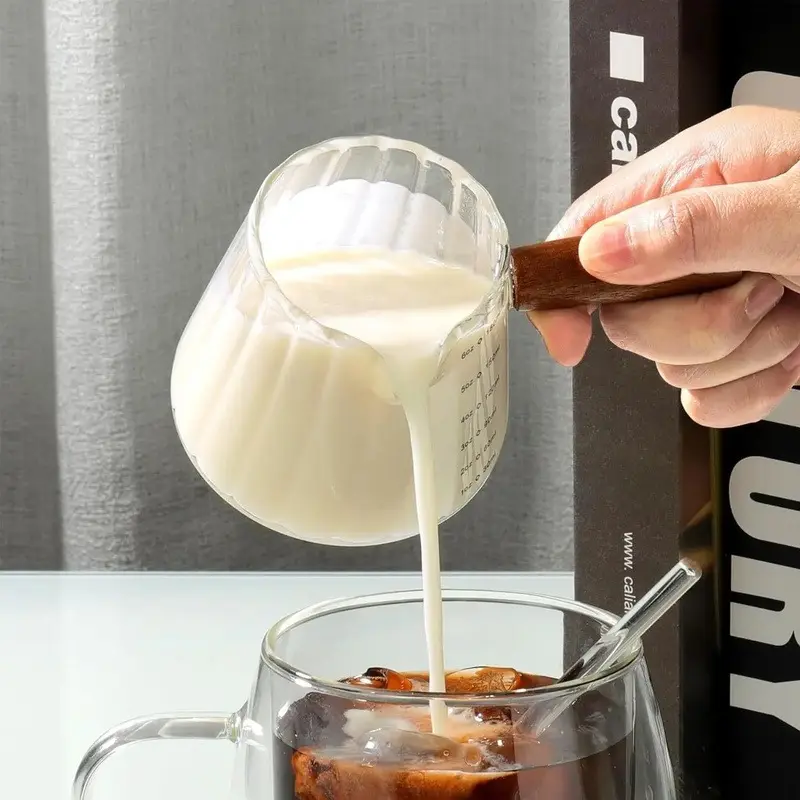 6 oz (180ml) Glass Creamer Pitcher with Frother Spout, Heat Resistant Coffee Prep Measuring Cup with Wooden or Glass Handle Options, 6 Oz Cup