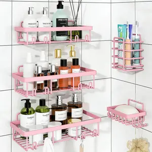 2026 Easter Sale Caddy Shower Storage 5-Piece Set Self-Adhesive Stainless Steel Shelf No Drilling Required Rust-Resistant Pink Bathroom Decor Accessories for Shampoo & Body Wash