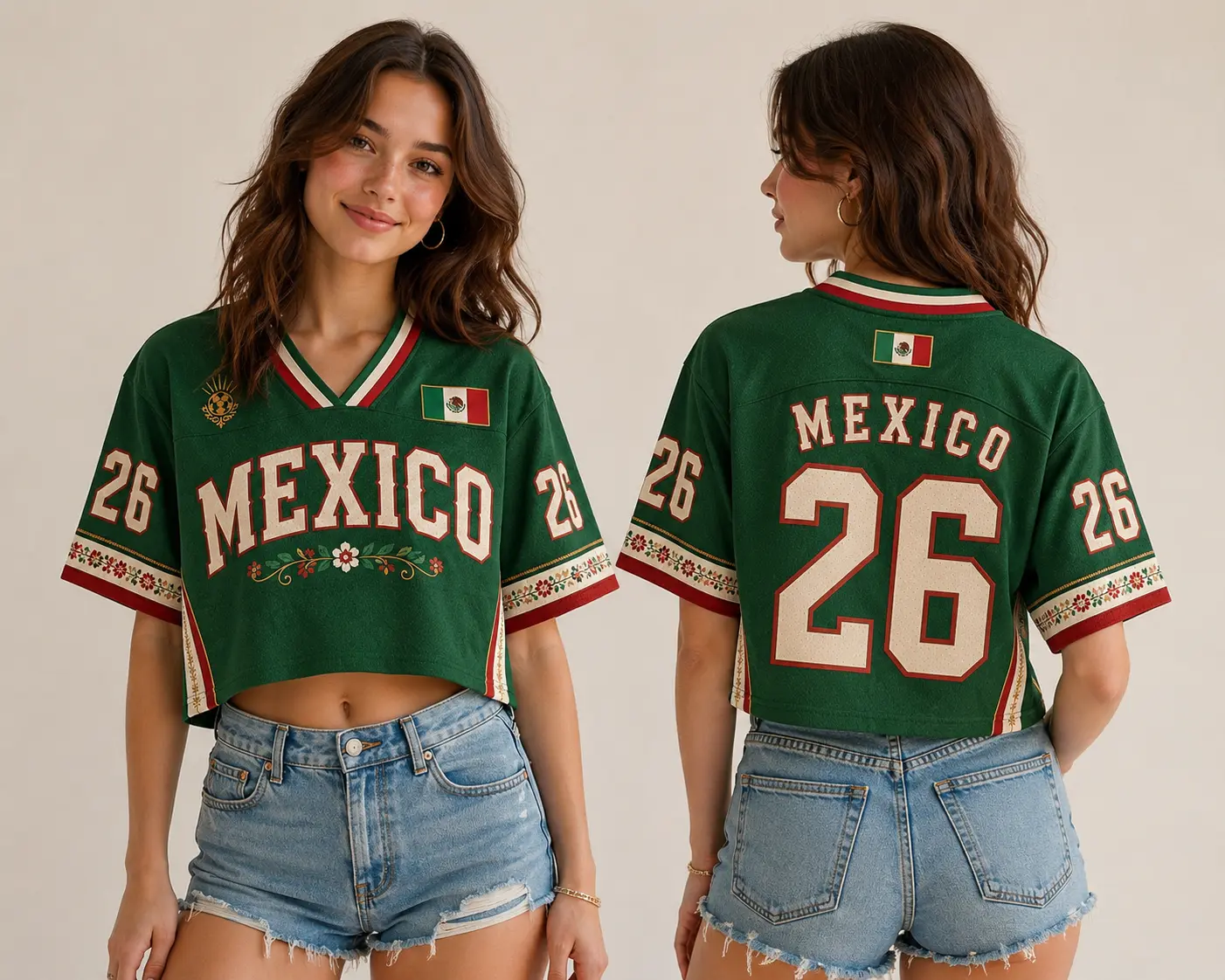 Vintage Floral Mexico Croptop, Mexican 2026 Flowers Flag Shirt Graphic Design, Casual Party Sports Wear, Comfortable For Everyday Wear, Latina Pride Tee