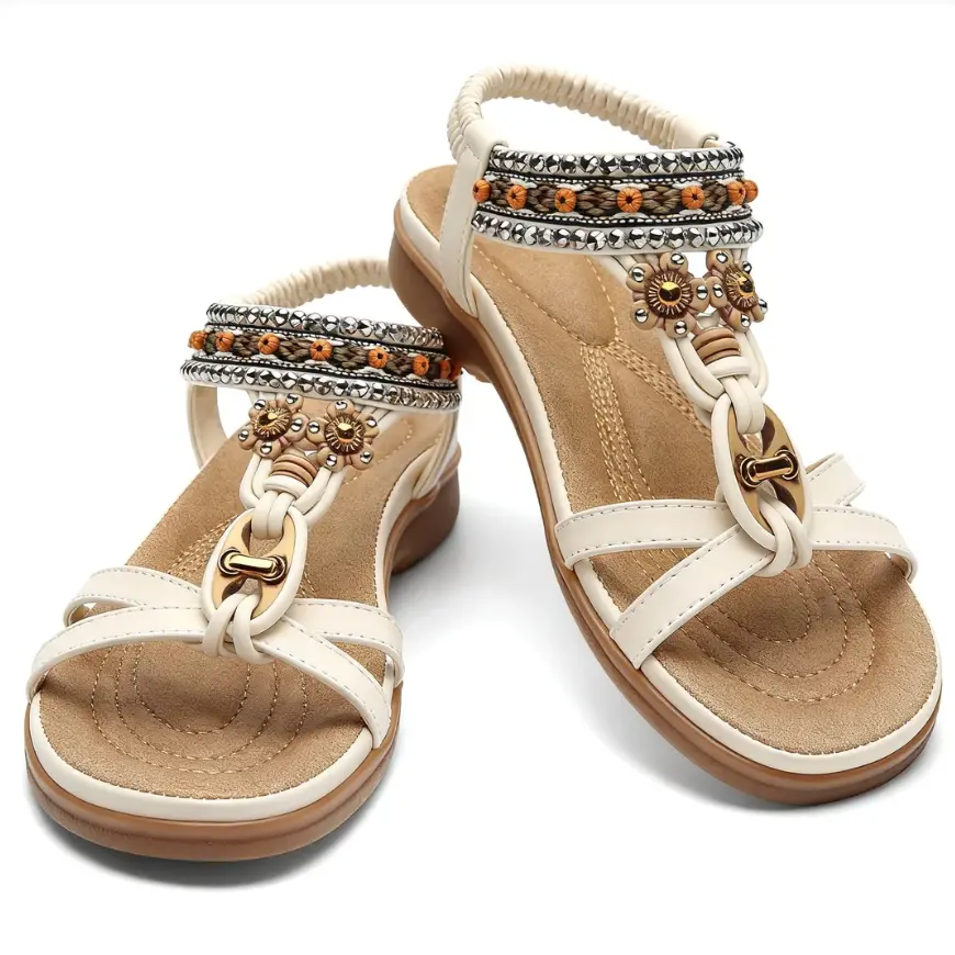 Women’s Open-Toe Flat Heel Beach Sandals, Elastic Ankle Beaded Strap, Floral Accents, Non-Slip Summer Casual Walking Sports Footwear