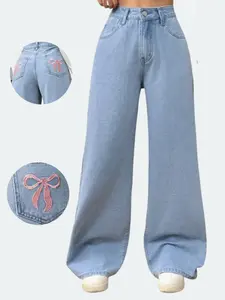 Women's Cute Butterfly Embroidery Loose Fit Jeans Pants, Mid Waist Long Regular Medium Wash Casual Fashion Denim Bottoms, Casual Comfortable All Season Wear