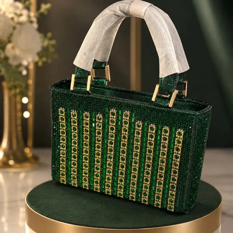 Women’s Burgundy Rhinestone Top Handle Tote Bag - Luxury Crystal Evening Handbag with Gold Hardware
