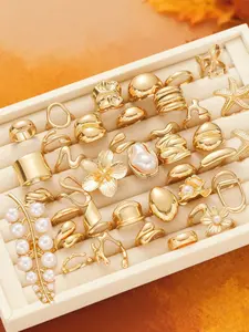 Women's Elegant Floral Faux Pearl Ring Set, Statement Multi Ring, Stacking Ring Set, Unique Style, All Season Fashion Accessory, Gift Jewelry, Perfect Gift for Parties and Birthdays, Stackable Rings Set