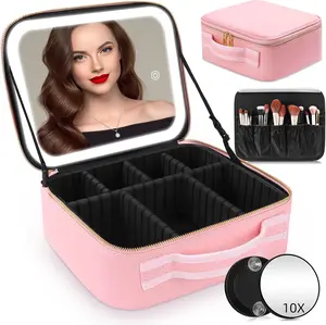 LED Lighted Makeup Case with Mirror and 10x Magnifying Mirror, Travel Makeup Organizer, Customizable Layout, 3 Color Lighted Setting aesthetic