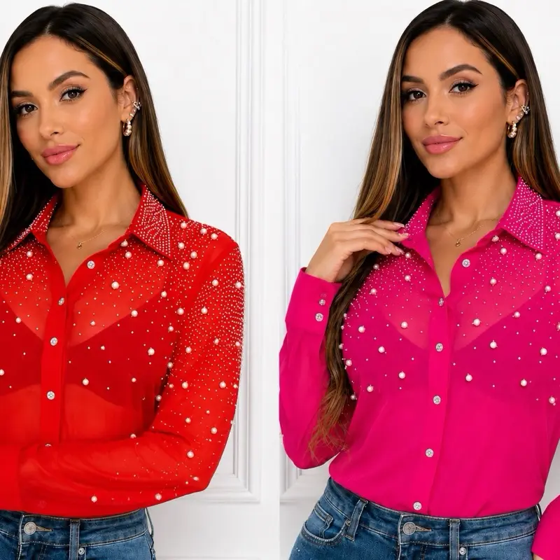 Sheer Mesh Blouse for Women, Elegant Pearl and Jewel Embellishments, Lightweight Long Sleeve Mock Neck for Parties, Fashion, Chic, Body Contouring