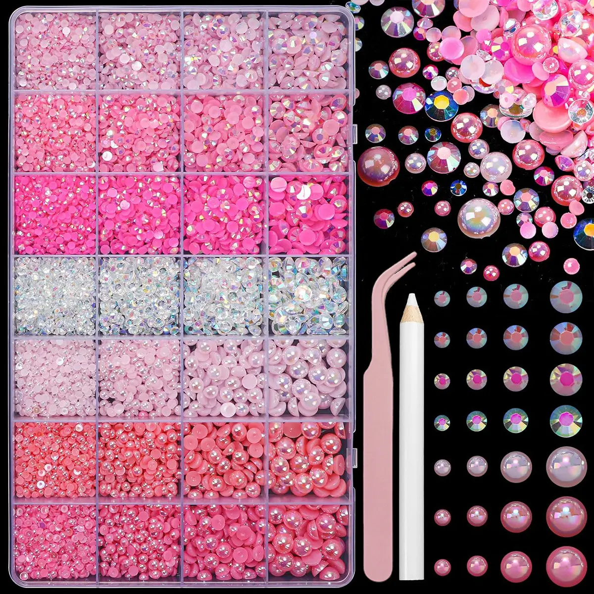 22000 Flatback Pearls and Rhinestones Set, Resin Rhinestone Gems, Mixed Sizes Half Gemstones, DIY Crafts for Nails, Face, Eyes, Bottles, Shoes