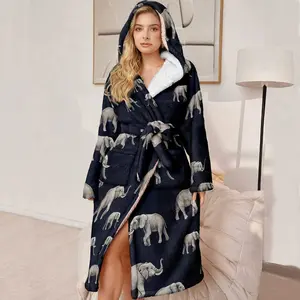 Plus Size Women's Hooded Luxury Bathrobe, Ultra-Comfortable Fleece Robe with Belt and Pockets, Fluffy Robe, Elephant Pattern, Winter Gift for Mom and Wife