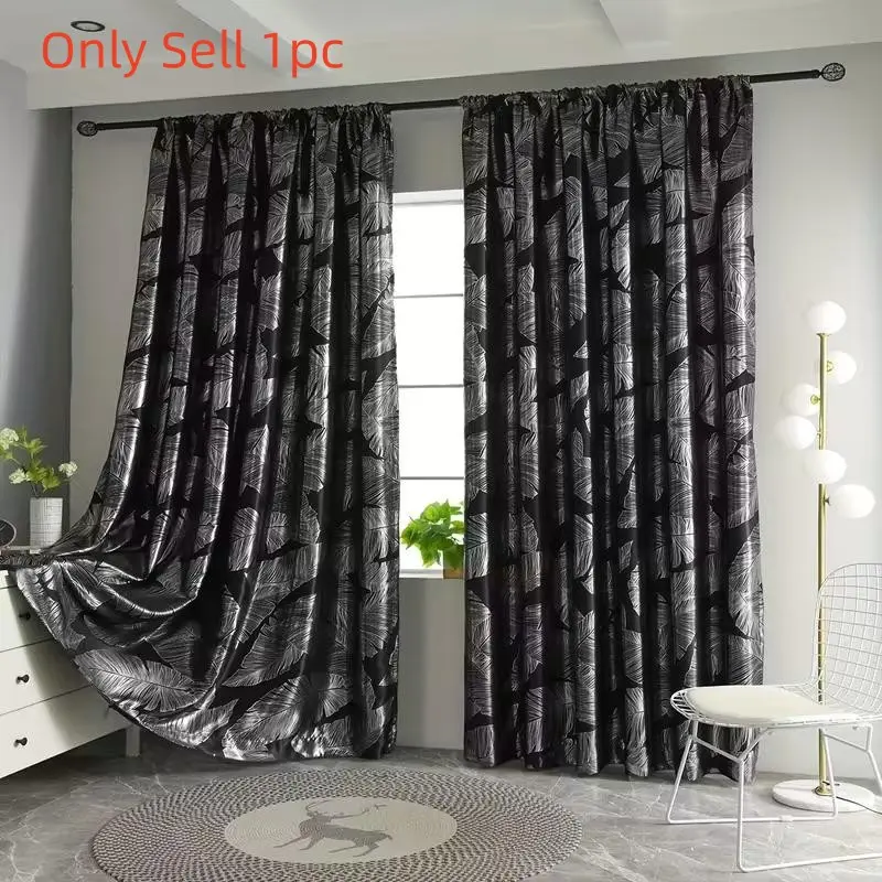 1pc Modern Luxury Silver Color Leaf Print Blackout Curtain, Living Room Ready-Made Drapes, UV Protection Sunscreen Privacy Decorative Curtains, Window Curtain
