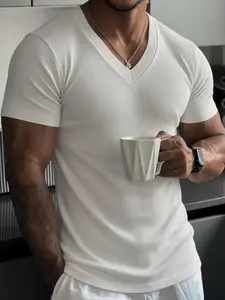 Men's Ribbed V-Neck T-Shirt, Slim Fit Short Sleeve Casual Stretch Athletic Tee, Breathable Stretch Muscle Top, Gym Tops, Gym Tees, Fitness Sport Top for Gym, Workout, Daily Wear & Street Style