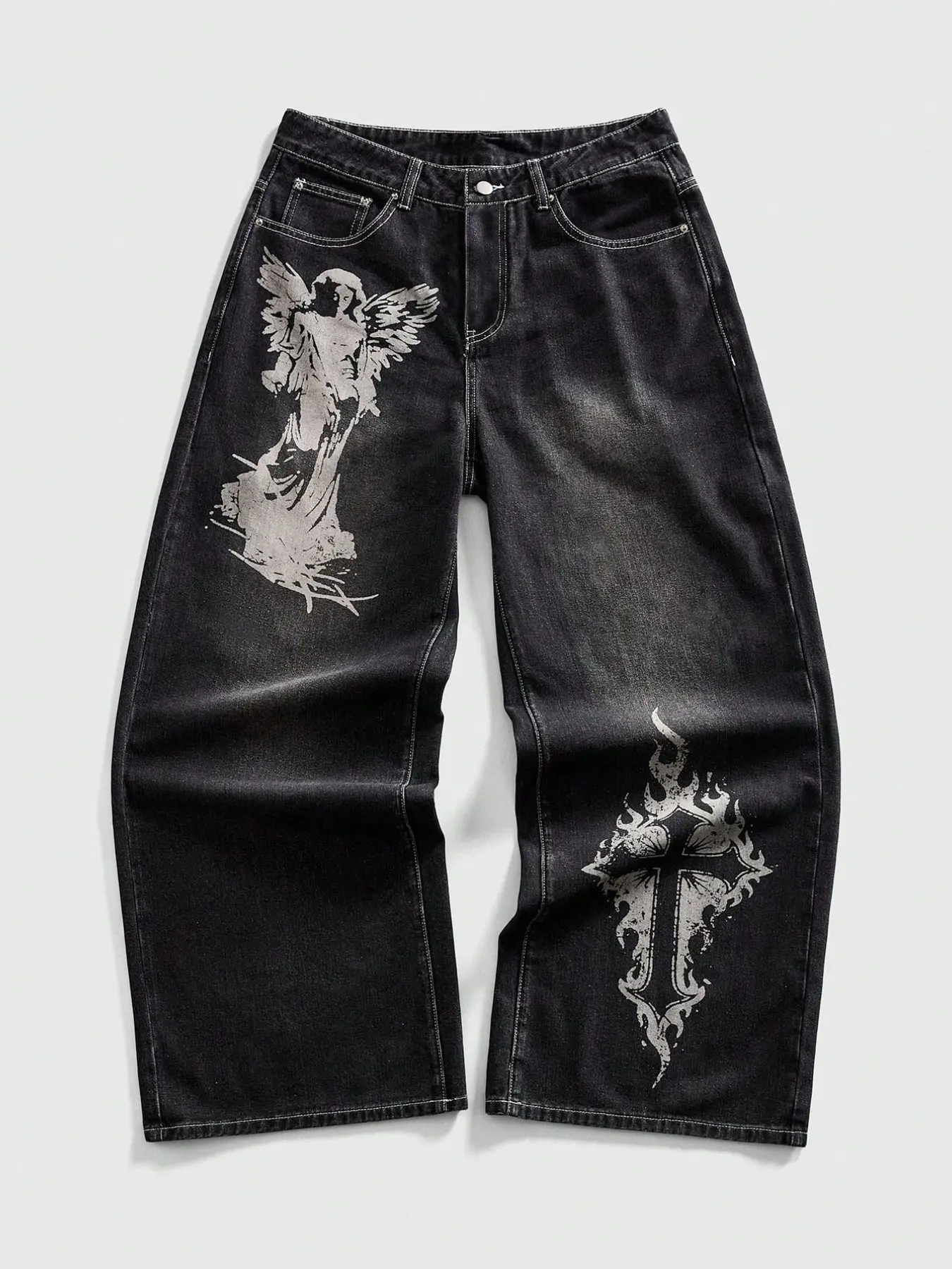 American Street Style Angel & Christ Cross Print Straight-Leg Denim Jeans, Men's High-End Loose-Fit Long Pants, Trendy & Cool Streetwear