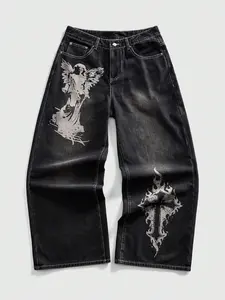 American Street Style Angel Christ Cross Print Straight Leg Jeans, Men's High-End Loose Fit Long Pants, Trendy and Cool Streetwear