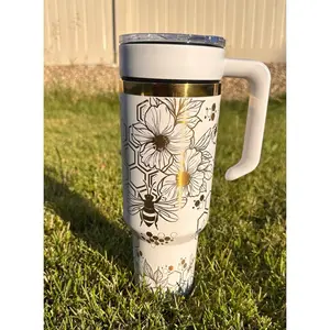 Elegant laser-engraved thermal glass, 40 oz with handle and leak-proof lid, durable stainless steel glass