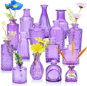Glass Bud Vase Set of 15,Small Glass Vases for Flowers,Vintage Bulk Purple Mini Glass Vases for Centerpieces,Rustic Wedding,Decoration,Floral Arrangement