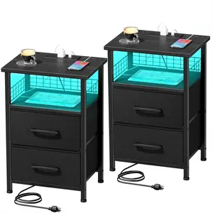 LED Nightstand Sets of 2 With Charging Station,Night Stand With 2  Drawers, Bedside Tables, Space-Saving End Table With USB Ports For Apartment, Living Room, Bedroom furniture, back to school