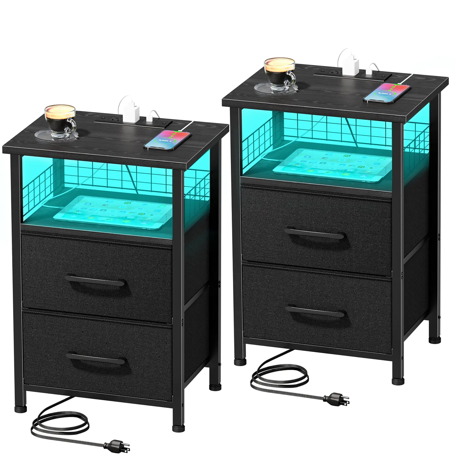 LED Nightstand Sets of 2 With Charging Station,Night Stand With 2 Drawers, Bedside Tables, Space-Saving End Table With USB Ports For Apartment, Livin