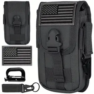 MOLLE Phone Holster, Black Waist Bag, Tactical Pack, Fits 4.7"-6.7" Phones with Case, USA Flag Patch, D-Ring & Clip, Waist Belt Pocket, for Outdoor Hiking, Waist Packs, Belt Bags