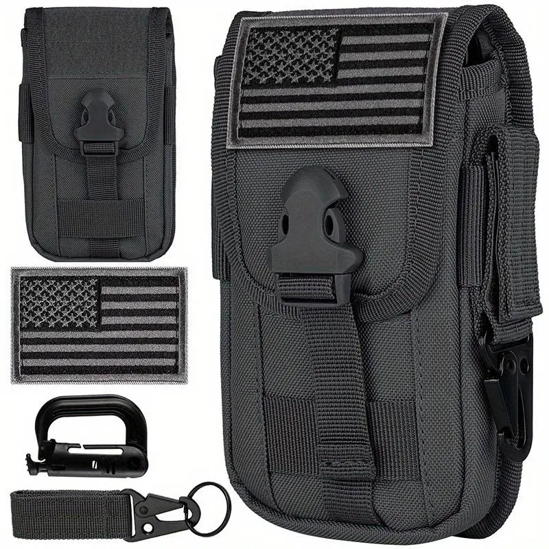 MOLLE Phone Holster, Black Waist Bag, Tactical Pack, Fits 4.7"-6.7" Phones with Case, USA Flag Patch, D-Ring & Clip, Waist Belt Pocket, for Outdoor Hiking, Waist Packs, Belt Bags