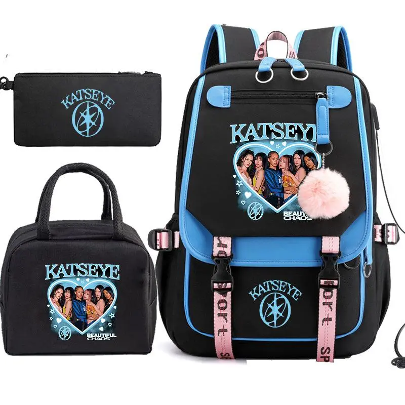 3 Piece Black Blue Trim Katseyes Beautiful Chaos Heart Graphic Laptop Backpack Set Travel School Bag Lunch Bag Pencil Case