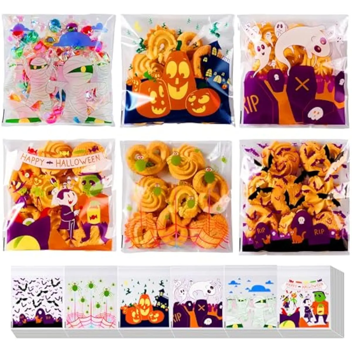 JOYIN 150PCS Halloween Cellophane Treat Bags, Halloween Goodie Candy Bags, Clear Self-adhesive Bag, Plastic Cookie Bag Bulk for Kids Trick or Treating, Classroom Party Favor Supplies in 6 Designs