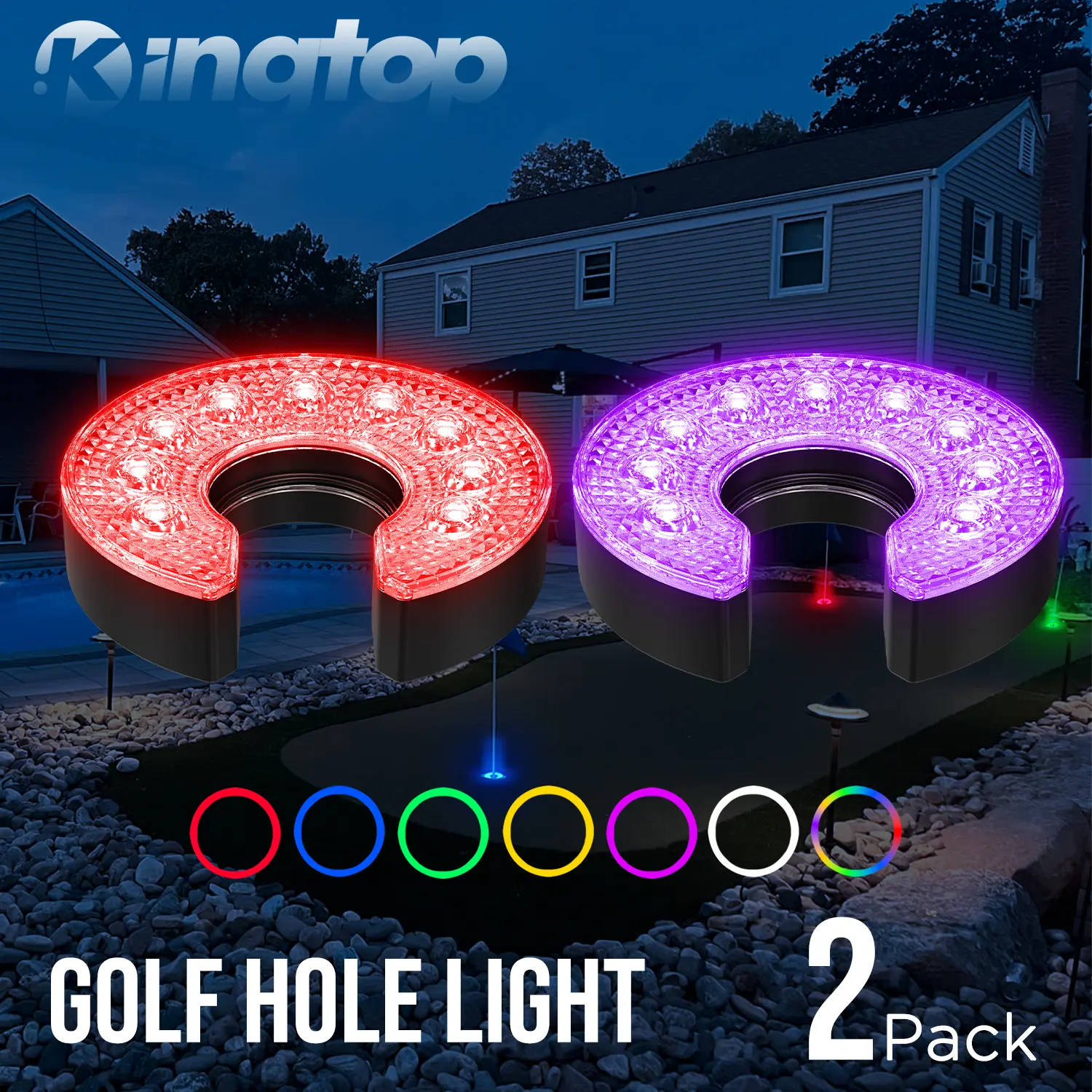 KINGTOP Battery Powered LED Golf Hole Lights, 2-Pack C-Shaped Glare-Free Glow Rings with 6 Color Options, 72 Hours Continuous Use LED Illumination for Night Golfing & Backyard Putting Greens, Light Up