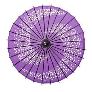 Thy Home Traditional Handmade Craft 33" Asian Classic Art Paper Parasol Umbrella - Wooden Long Handle, Shiny Leaves Print, Shade Provider for Wedding Parties, Photography