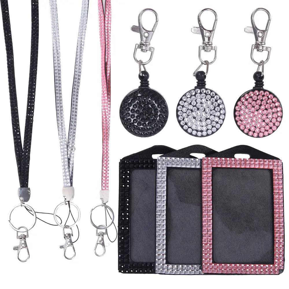 3-piece set of shiny rhinestone ID badges with detachable lanyard and telescopic scroll - multifunctional keychain for women, teachers, and students, suitable for work, school, and activities