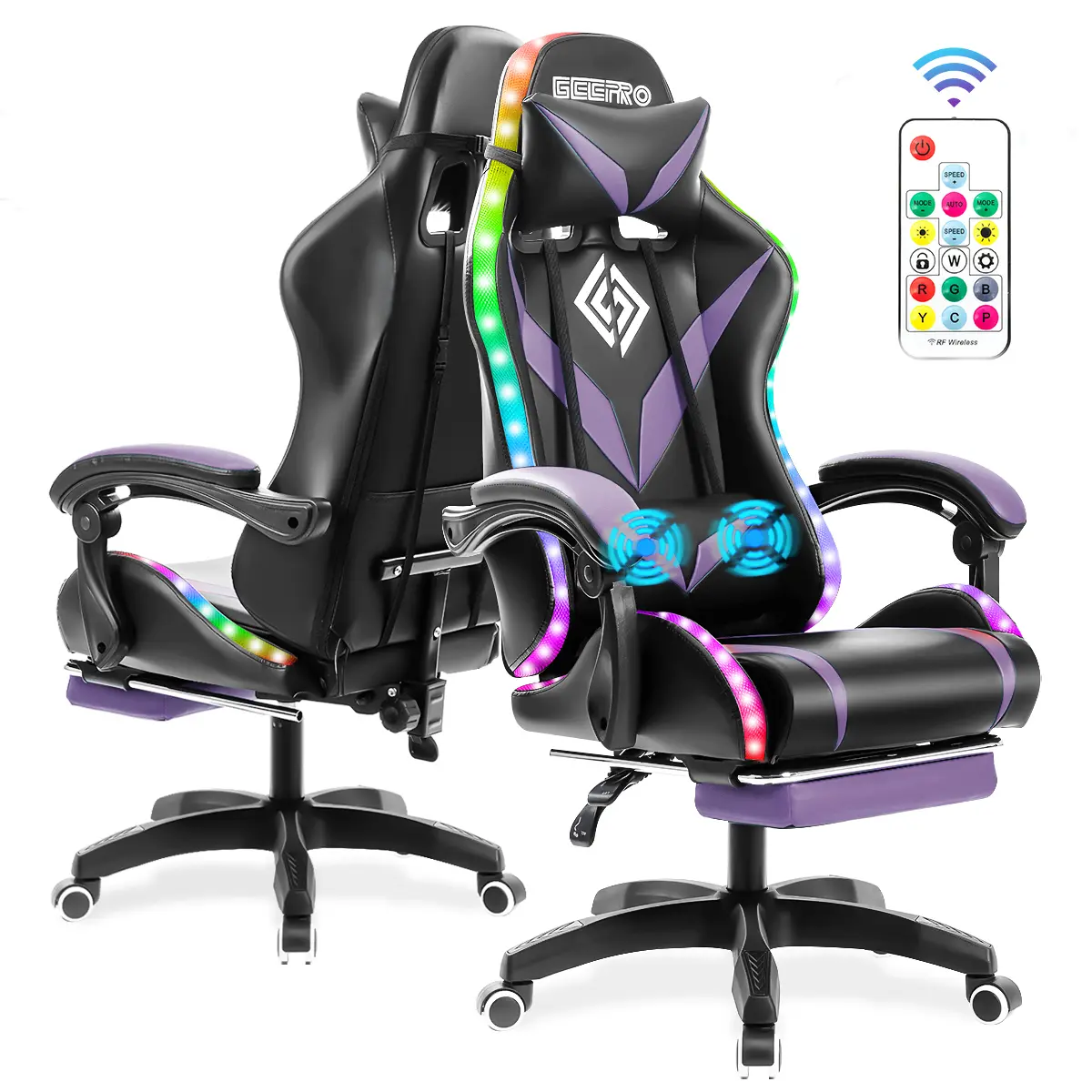[No speakers]Hoffree  Gaming Chair with Massage and LEDLights Ergonomic Video Game Chairswith Footrest High Back RecliningComputer Chair with AdjustableLumbar Support