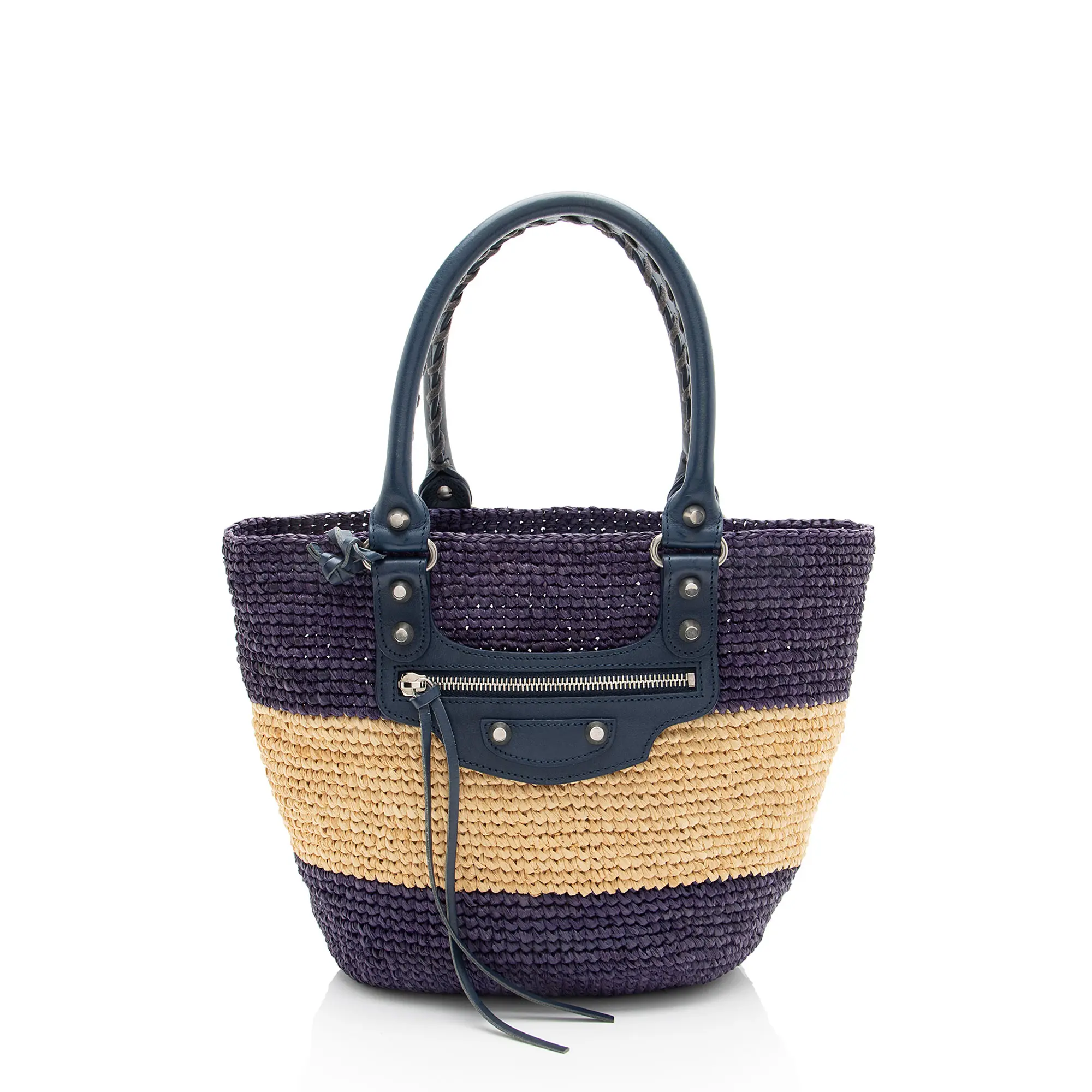 Pre-owned Balenciaga Leather Tote Bags Raffia Striped Panier XS Tote