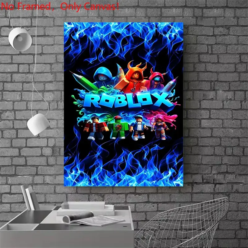 1 piece/set frameless canvas painting print poster, Game Poster art, Roblox Characters with Blue Flames, a perfect gift for Video games loves, ideal gift for bedroom, living room, kitchen, Decorative wall decoration, room decor, Artwork for walls