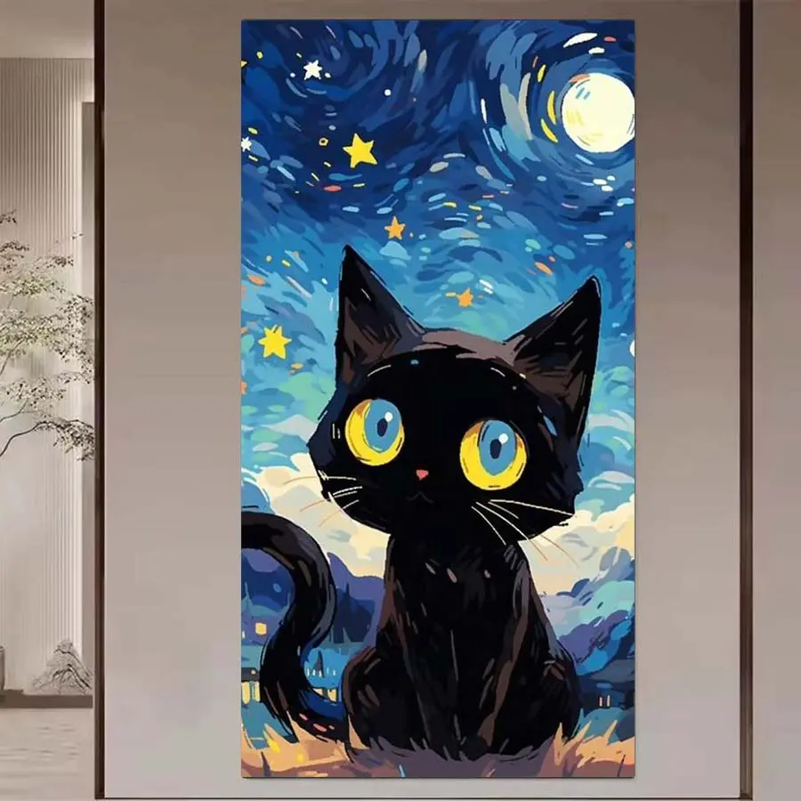 1 set of DIY diamond painting kit, 5D diamond art set, DIY decoration black cat, Kitty, starry night, moon mosaic, diamond art, DIY art home decoration.