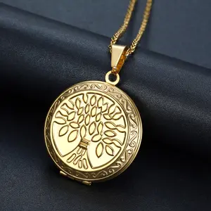 Retro Exquisite Nostalgic Tree of Life Pattern, Can Open Photo Frame Circular Pendant Stainless Steel Necklace, Suitable for Both Men and Women, Commemorative Gift Jewelry
