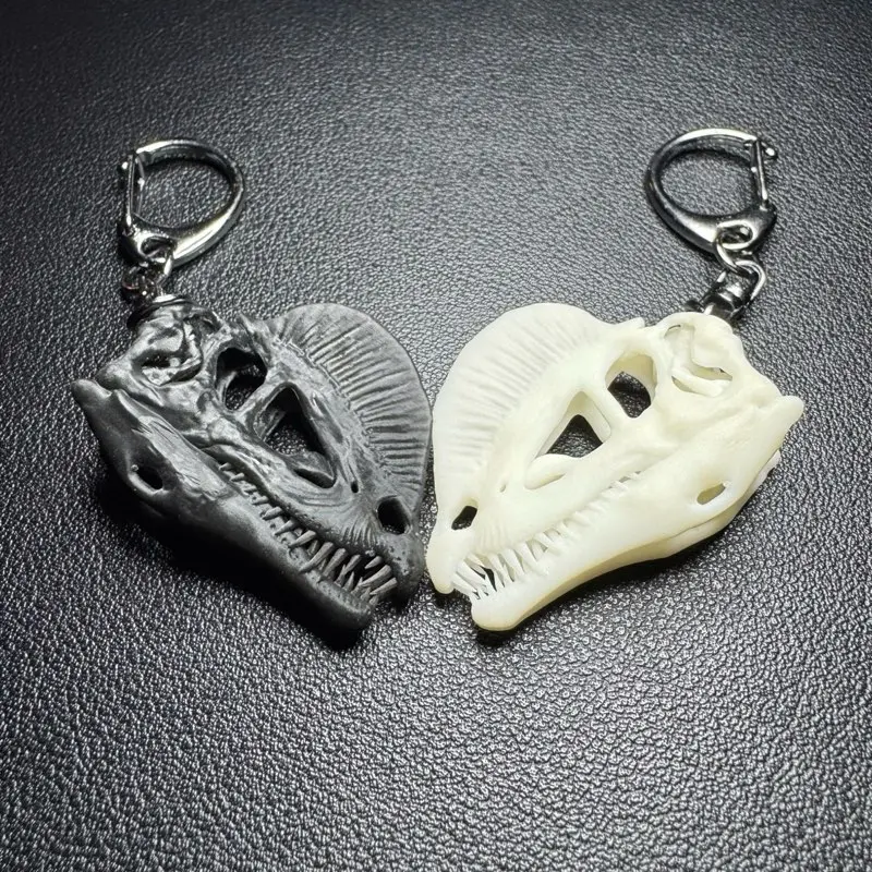 Resin Dilophosaurus Skull Key Charms, Paleo-Accurate Luminous Dinosaur Skeleton Head Replica, EDC Style Keychain Decor for Dino Enthusiasts
