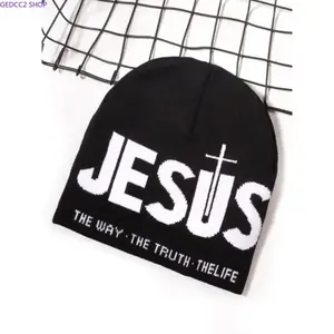 Unisex Y2K Letter Jacquard Knit Beanie, Cross & Heart Print Stretch Winter Hat, Warm Heat Retention Cap for Streetwear and Outdoor Use