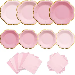 Pink Plates & Napkins Party Supplies for 20 Guests, 60PCS Pink Scalloped Gold Rim Paper Plates Disposable Tableware Set for Mother's Day Birthday Baby Shower Tea Party