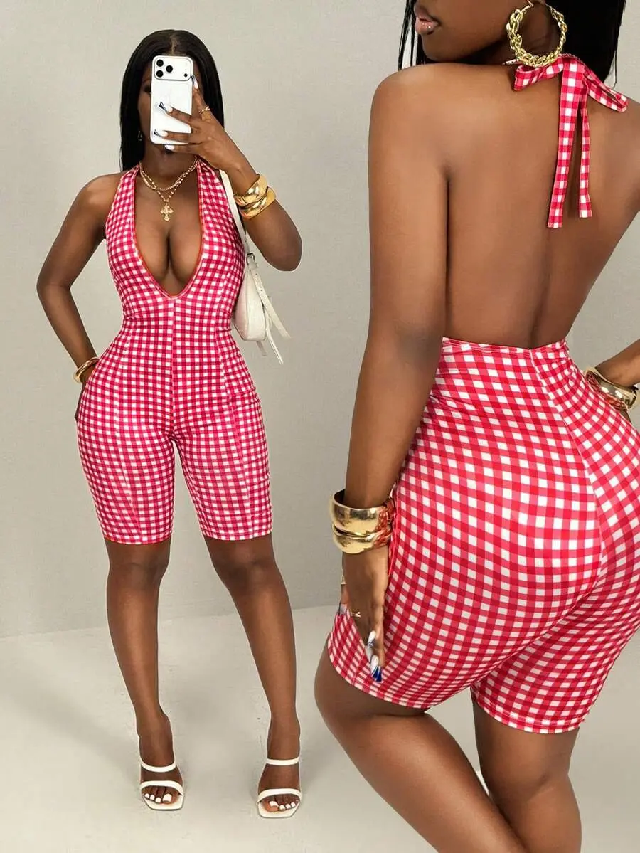 VARSIA Red And White Plaid Backless Halter Neck Bodycon Romper,Summer Picnic Cow Boy Outfits For Women,Gingham Checkered Short Jumpsuit Spring Clothes