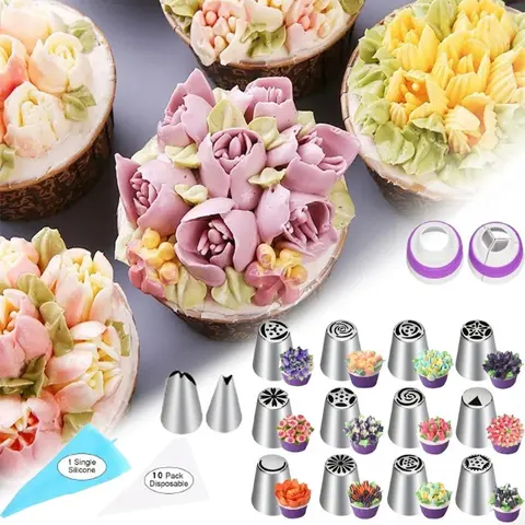 Stainless Steel Squeeze Flower Mouth Set Cake Decorating Kit, DIY Baking Supplies Set for Cupcake Biscuits Birthday Party, Include Russian Nozzle, Disposable Piping Bags, Leaf Piping Tips, Coupler and Silicon Bag, Baking Tools