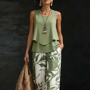 SunnyFit Women’s casual two-piece set featuring a sleeveless, flowy tank top paired with high-waisted wide-leg pants; watercolor print loungewear set suitable for travel, vacations, and everyday wear.— Deals For You Days Summer Essentials