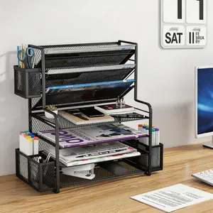 7-Tier Desk File Organizer with 3 Side Baskets, Carbon Steel Desktop Document Holder, Multi-Layer Paper Letter Tray for Office, Home, School