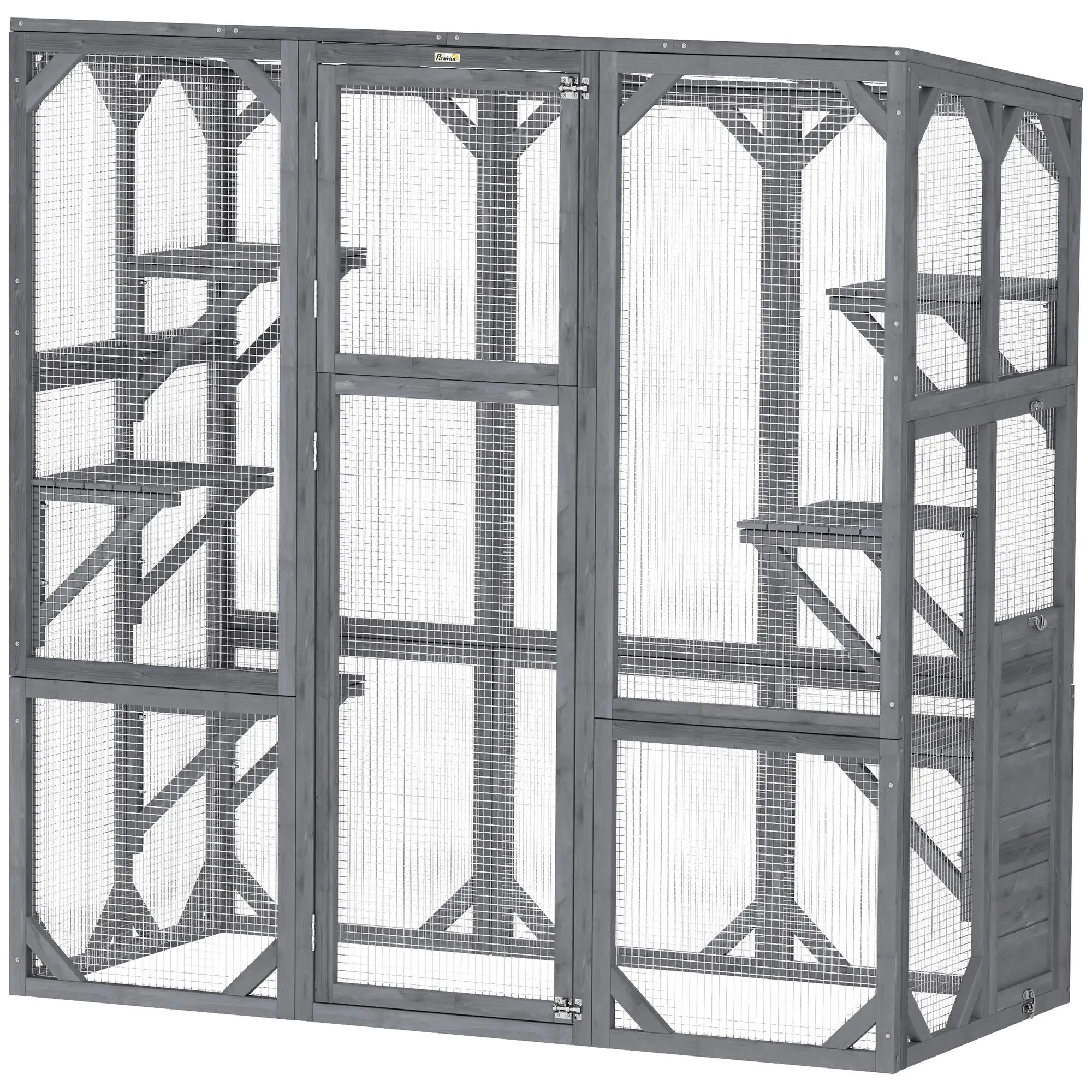 PawHut Catio Outdoor Cat Enclosure, Large Wooden Cat House with 6 Jumping Platforms, Weatherproof Roof, Outdoor Cat Cage Cat Shelter for 1-3 Cats, 59" x 28" x 60", Gray