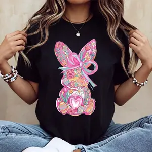 Casual Women's Round Neck Short Sleeve T Shirt With Easter Bunny Bow and Colorful Swirl Print Perfect for Spring Festivals and Holidays