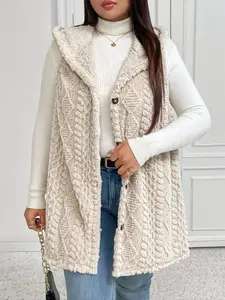 Plus Size Women's Hooded Plush Fitted Vest, Casual Everyday Winter Warm Sleeveless Jacket, Soft Fleece Lined Outerwear, Ladies Fashion Clothing, Womenswear