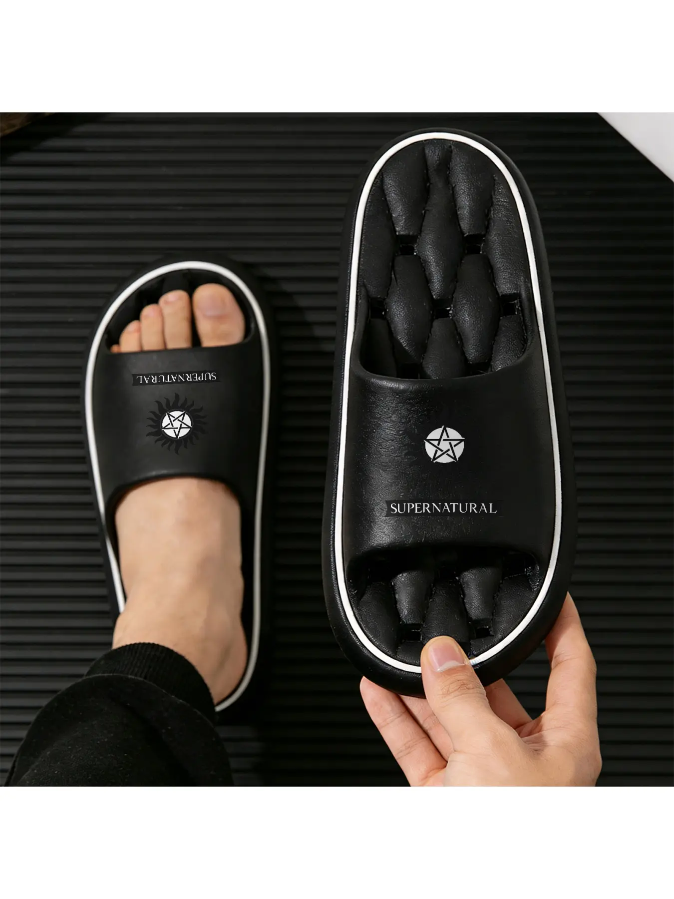 Supernatural Peripheral Pentacle Sun Pattern Slippers Unisex Open Toe Slides for Indoor and Outdoor Wear American TV Series IP Commemorative Style Soft Sole Non-slip Sandals Summer Casual Beach Shoes
